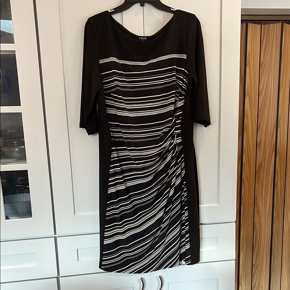 Chaps Black and White Asymmetrical Ruched Sheath Dress